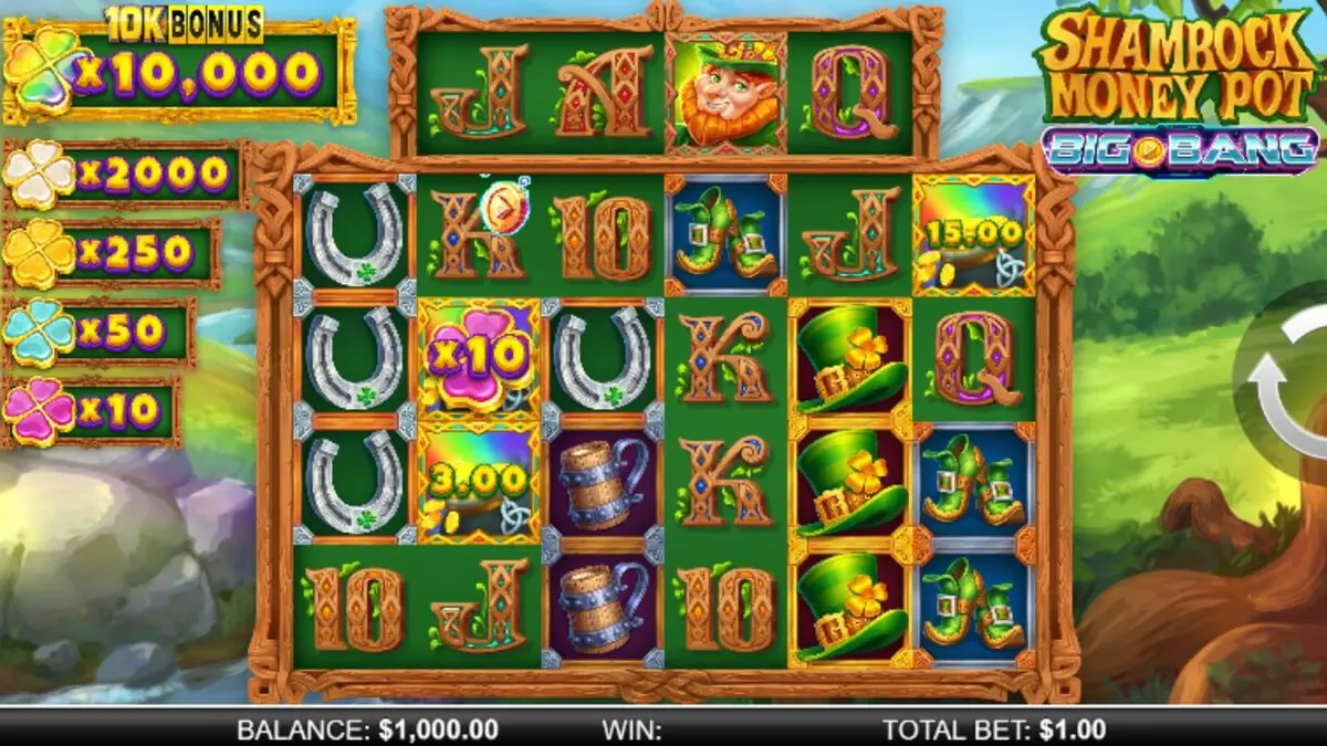 Tangkapan layar permainan slot Shamrock Money Pot Big Bang menampilkan simbol keberuntungan Irlandia dan latar belakang bukit hijau.