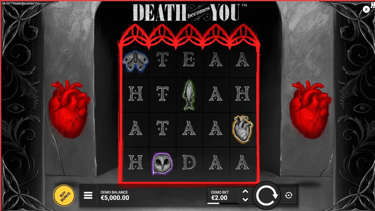 Tampilan visual slot Death Becomes You dengan nuansa gotik dan neon